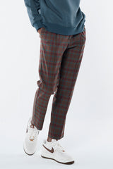 EMBLEM CHECK STRETCH PANTS - BURGUNDY