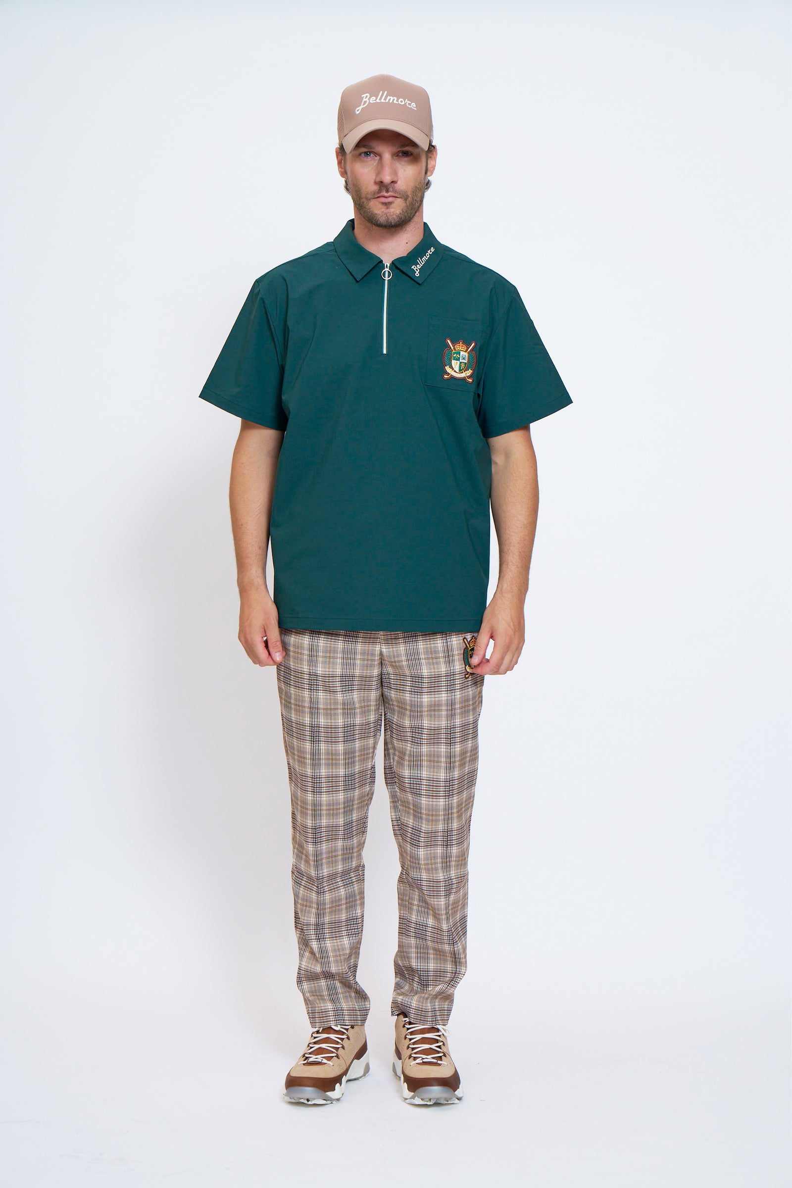 EMBLEM CHECK PANTS - BEIGE – BELLMORE