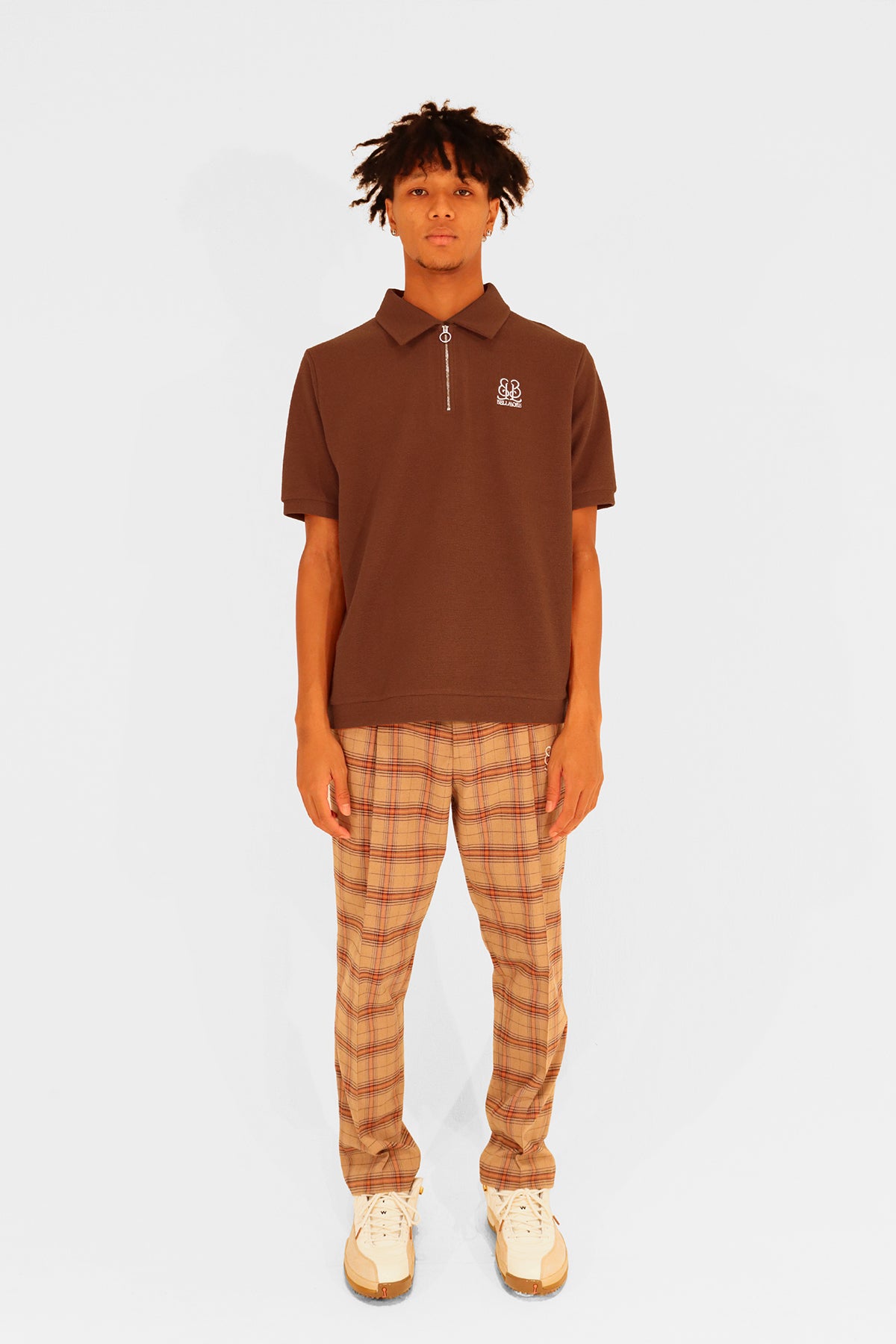 EMBLEM SS ZIP POLO SHIRTS - BROWN – BELLMORE
