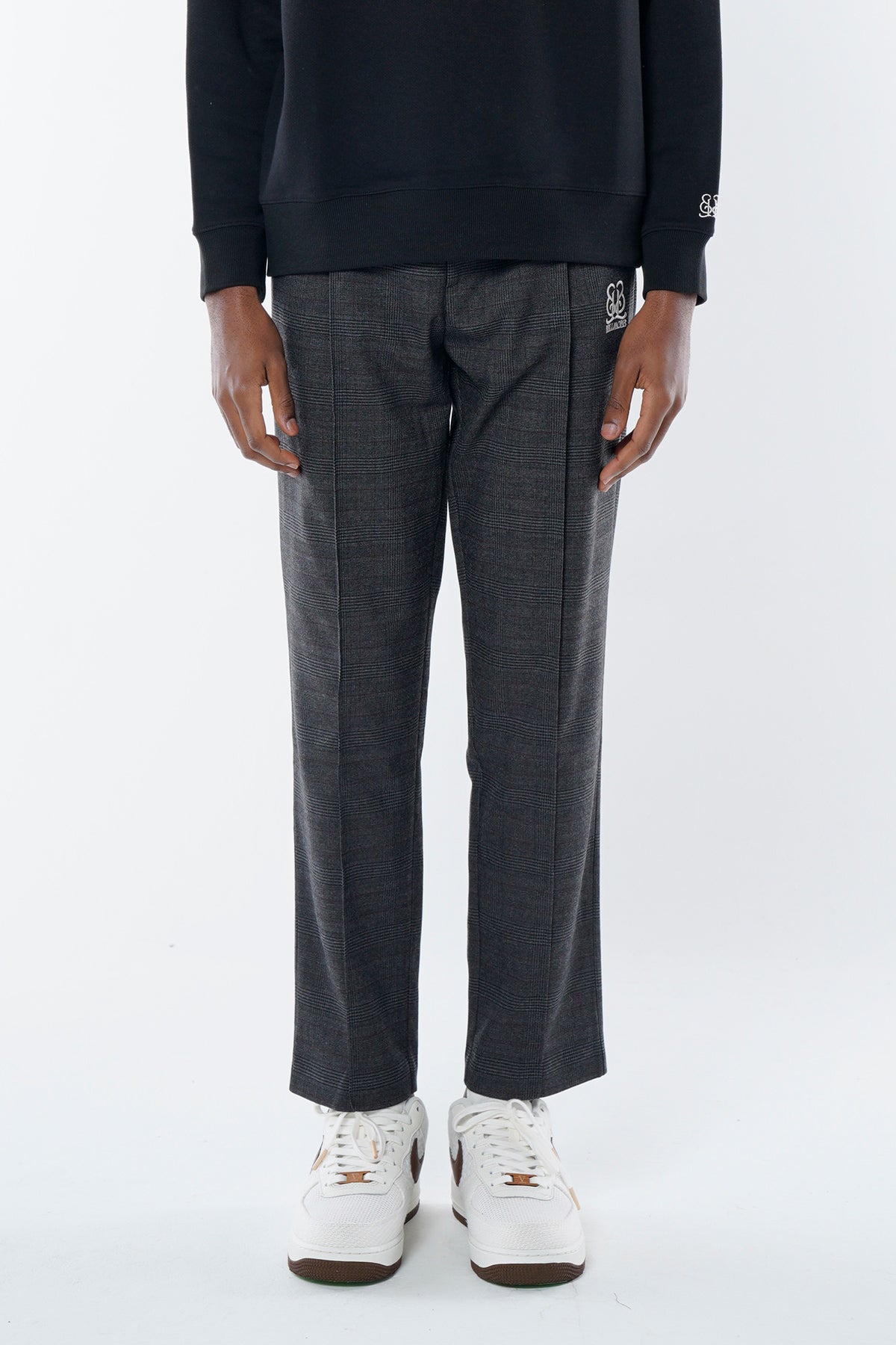 EMBLEM CHECK STRETCH PANTS - BLACK – BELLMORE