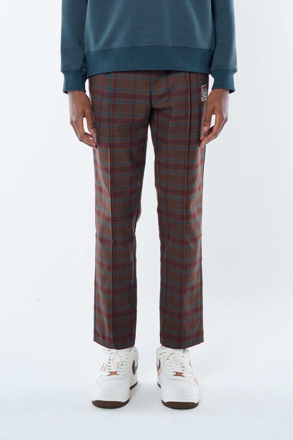 BELLMORE ベルモア　チェックパンツ　ゴルフ　ロゴ　ストレッチ L EMBLEM CHECK STRETCH PANTS - BURGUNDY – BELLMORE