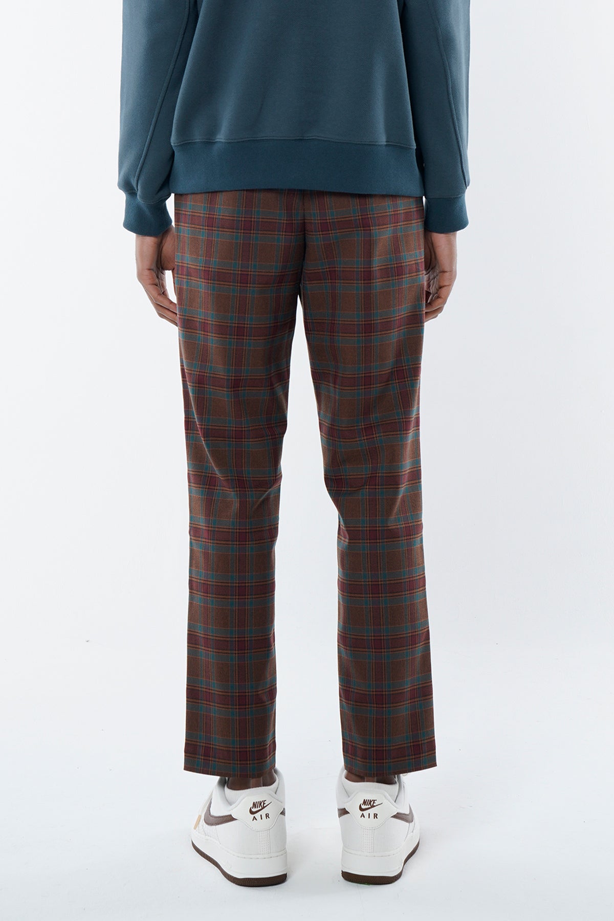 EMBLEM CHECK STRETCH PANTS - BURGUNDY – BELLMORE