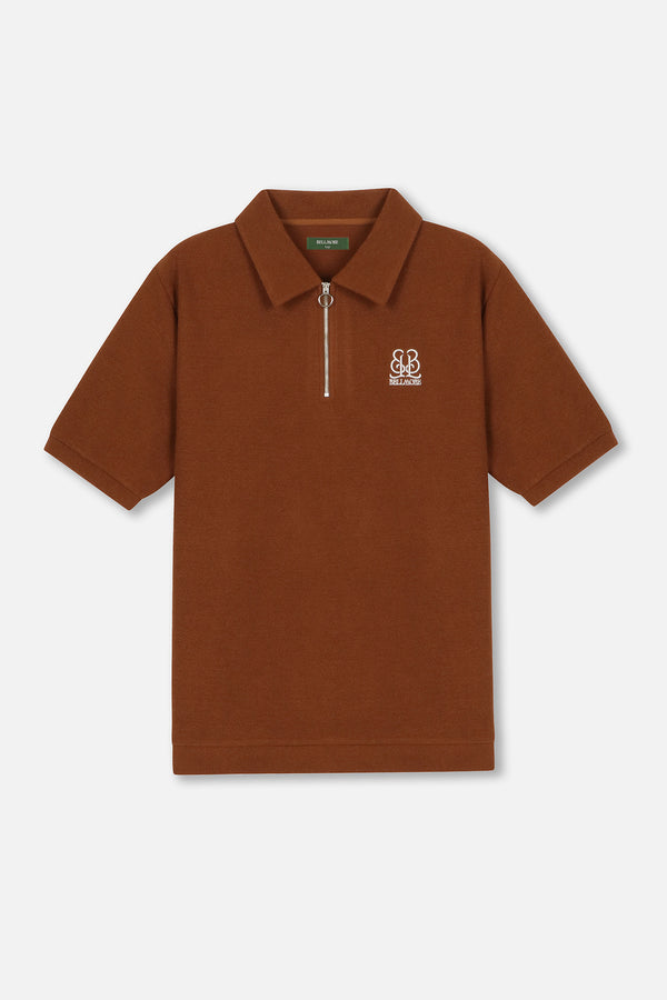 EMBLEM SS ZIP POLO SHIRTS - BROWN