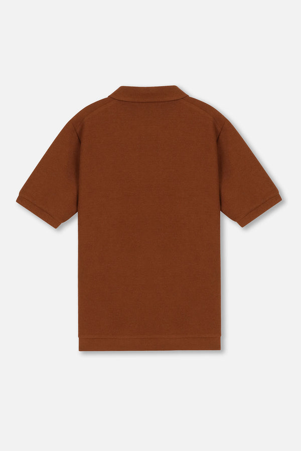 EMBLEM SS ZIP POLO SHIRTS - BROWN