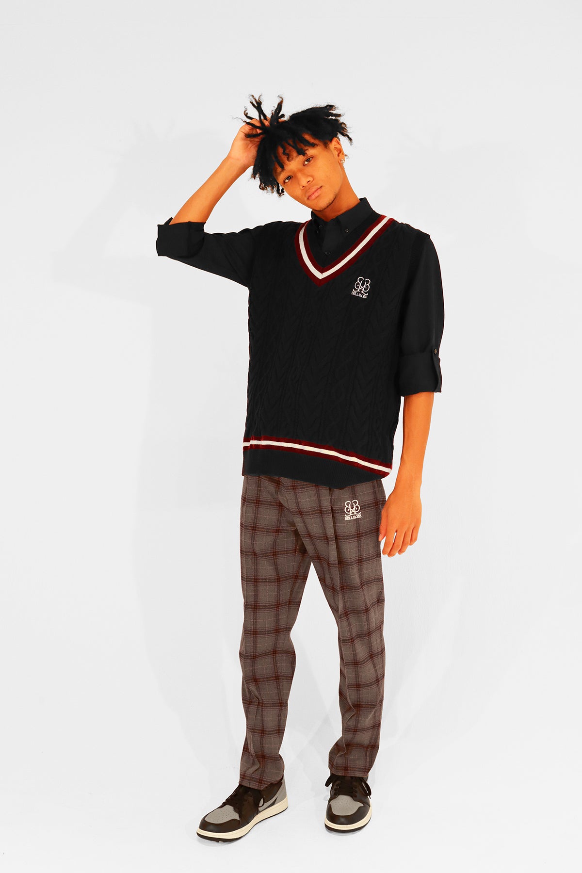 BELLMORE ベルモア　チェックパンツ　ゴルフ　エンブレム　30 M emblem-check-stretch-pants-